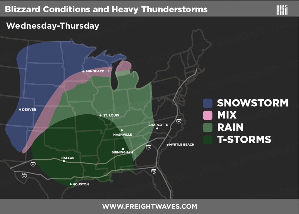  Estimated areas of precipitation Wednesday and Thursday.  (Source: FreightWaves)  