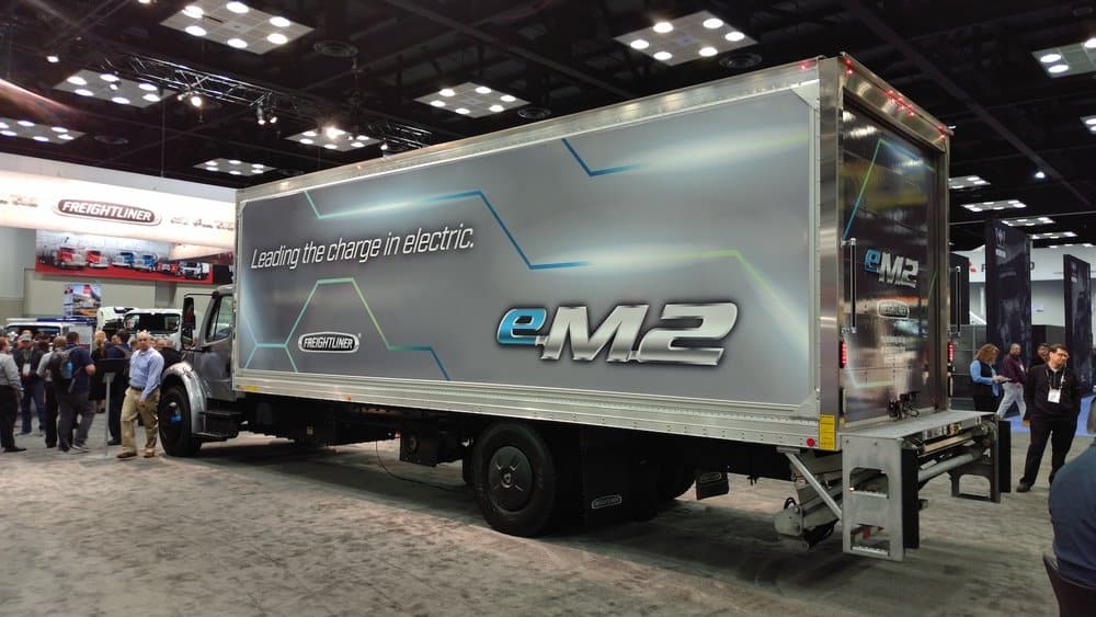 Freightliner’s eM2 electric truck was on display in its booth. The truck will go on sale in 2021.