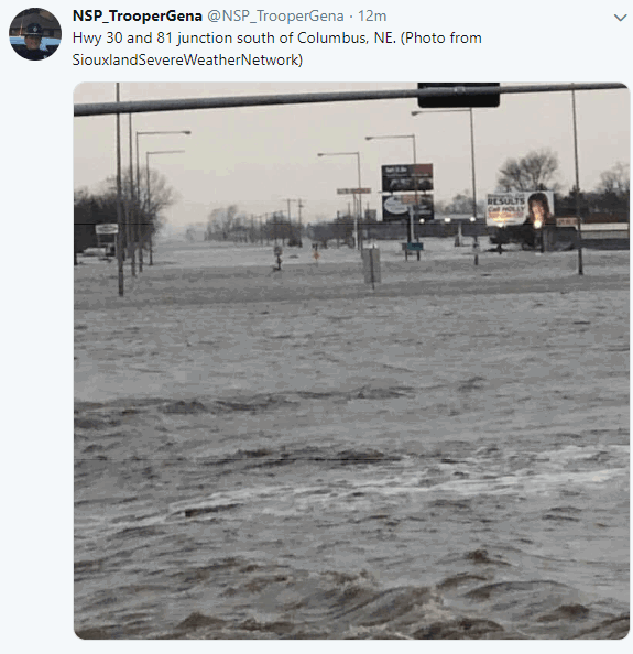Major flooding in Columbus, Nebraska on March 14, 2019.