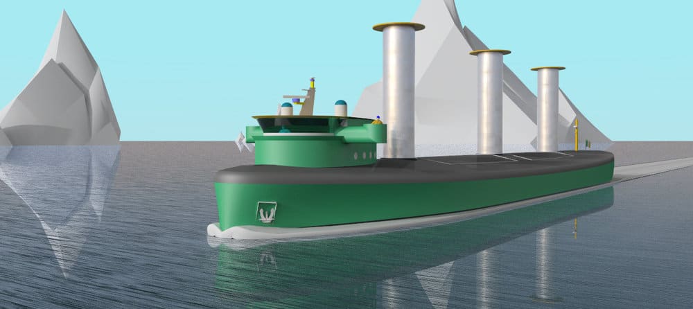 A computer generated rendition of a zero emissions ship with Flettner Rotor technology that uses wind to move the vessel. The ship will also include battery storage and hydrogen production through PEM Electrolyzer technology to generate electrical propulsion power. Credit: Zero Emissions Maritime Technology, Ltd.