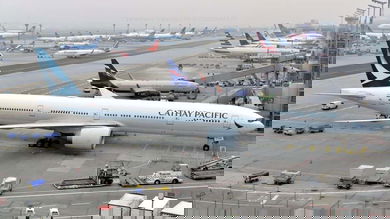 White planes with dark green tail fin parked at airport gates.