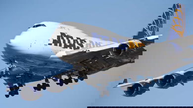 Atlas Air jumbo jet comes in for landing.