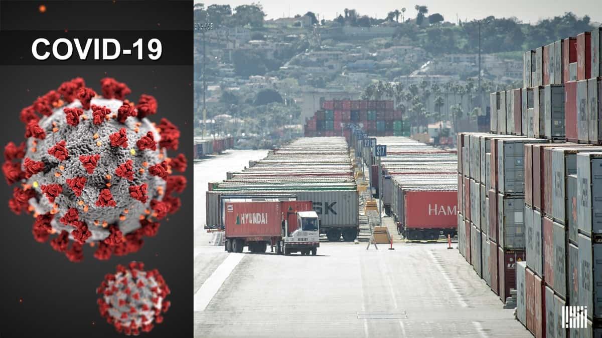 A truck pulling an intermodal container drives as containers on chassis are parked behind. To the right, is a rendering showing the SARS-CoV-2 virus with the word COVID-19 above it.