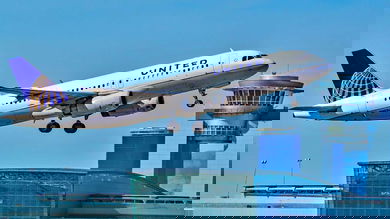 A white United plane takes off from Las Vegas.