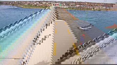 A live webcam on the Peace Bridge shows a truck preparing to cross from the U.S. to Canada.