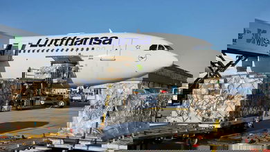 A big white Lufthansa plane gets loaded with cargo through side door.