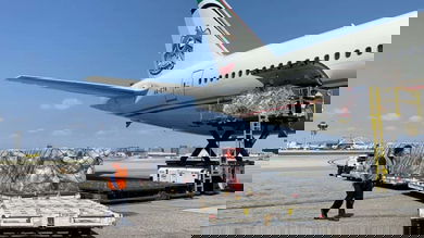 Cargo on pallets on airport tarmac waiting to be loaded in back door of large plane on sunny day.