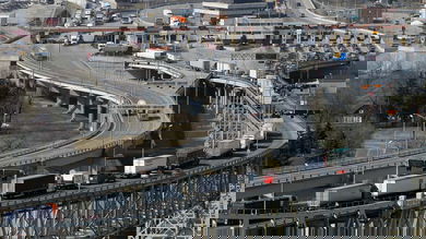 Trucks crossing the U.S.-Canada border.
