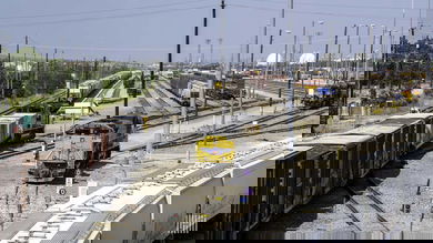 A photograph of a Union Pacific train in a rail yard.