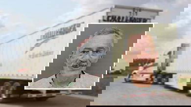Photo of driver David Hill superimposed next to Challenger Motor Freight tractor-trailer.