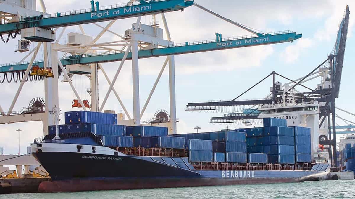 A cargo ship being unloaded at PortMiami.