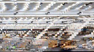 Cargo pallets sit inside Lufthansa's warehouse at Frankfurt Airport.
