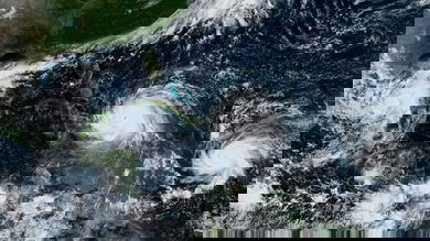 Satellite view of multiple Atlantic cyclones.
