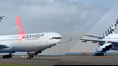 A large white Qantas jet with red tail on tarmac. Qantas is dealing with a COVID outbreak at one of its facilities.