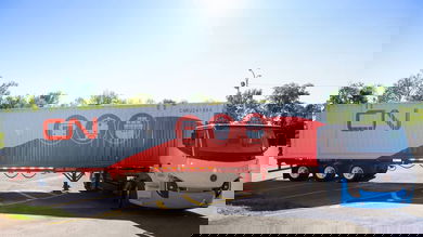 A Lion Electric Lion 8 electric truck with a CN intermodal trailer. CN has ordered 50 of the electric trucks.