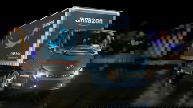 A rendering of a Lion Electric truck with an Amazon logo. Lion, a Canadian EV (electric vehicle) producer, plans to deliver its first trucks in October.