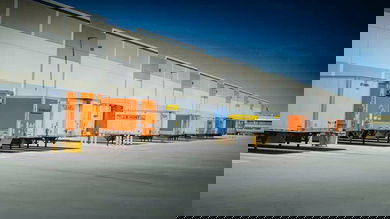 Trucks parked at a warehouse