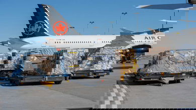 View from tarmac, rear sideview of white jet with dark red tail, Air Canada, on sunny day. Pallets of cargo sit in the foreground waiting to be loaded.