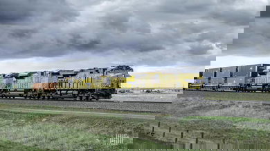 A photograph of a Union Pacific train hauling intermodal containers.