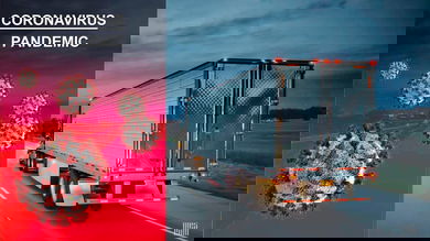 A silver refrigerated tractor trailer going down the highway with image of coronavirus superimposed next to it.