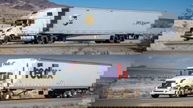 Split screen of FedEx and UPS semi-trailer truck.