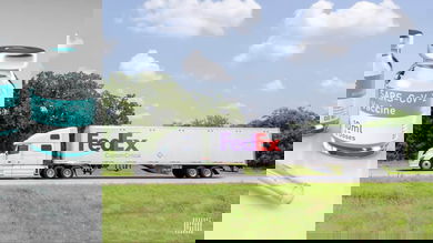 Split screen: Vial of COVID vaccine on left, FedEx truck on right. FedEx is helping to deliver vaccines.