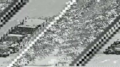 Tractor-trailer heading through snowstorm.