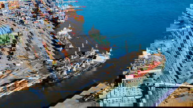 An aerial view of the Port of Montreal where a full strike will begin on Monday