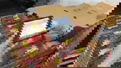 A sheet of strawberry cartons being scanned by a warehouse worker.