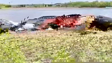 A still image form a video from the site of a 28-car Union Pacific train derailment.