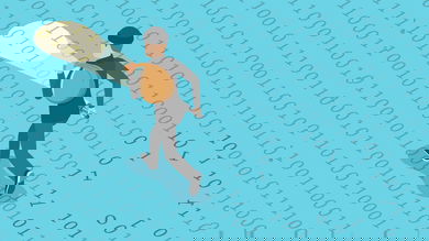 A illustration of a man in a burglar outfit running across 1s and 0s to illustrate data theft during a ransomware attack.