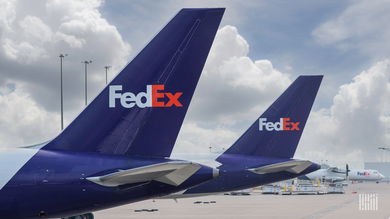 Purple tail fins of FedEx planes parked at airport.