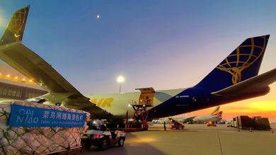 A large freighter jet at dawn with pallets of cargo on the ground to be loaded.