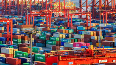 Shipping container stacks at the Port of Shanghai. A COVID lockdown is creating huge logistical challenges in the city.