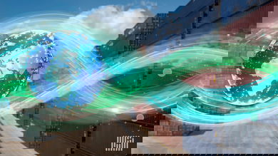 shipping containers with digital waves overlaid