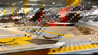 Amazon box moves on conveyor system