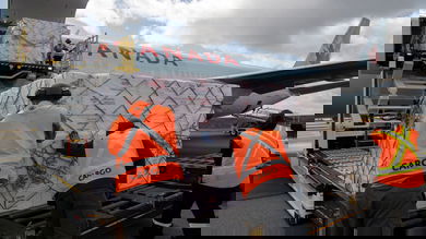 Ground crews with orange vests load a large cargo pallet on a jetliner.