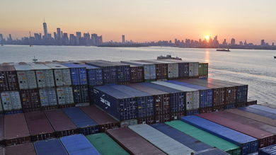 a photo of a container ship off New York