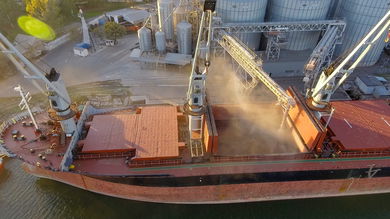 a photo of grain loading; canal restrictions are changing trade flows