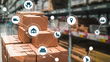 Boxes in a warehouse with overlay of icons related to logistics.