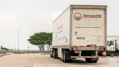 A rearvew of a Forward Air trailer in a parking lot