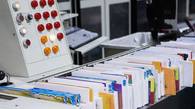 Letters lined up in a postal service sorting machine.